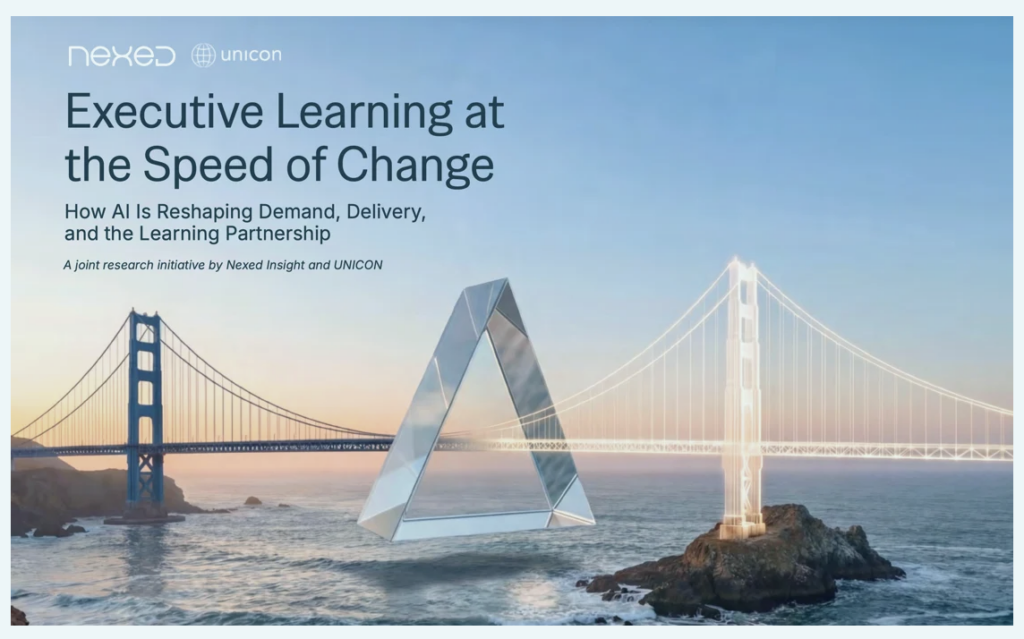 Executive Learning at the Speed of Change — joint research report cover by Nexed Insight and UNICON, showing the Golden Gate Bridge at dusk alongside a reflective geometric structure symbolizing AI transformation