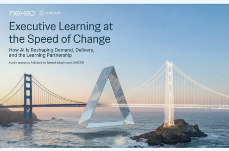 Executive Learning at the Speed of Change — joint research report cover by Nexed Insight and UNICON, showing the Golden Gate Bridge at dusk alongside a reflective geometric structure symbolizing AI transformation